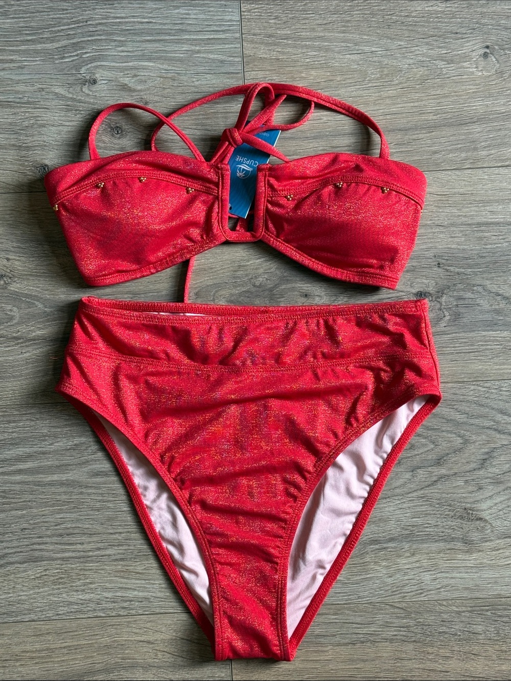CUPSHE Red Shimmer High-Waist Bikini Small NWT Minimalist Sexy